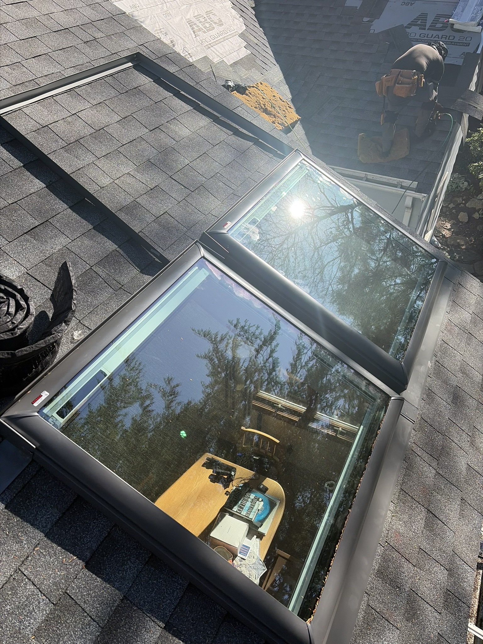 Skylight installation by Red Sky Construction roofing crew, Greater Boston MA